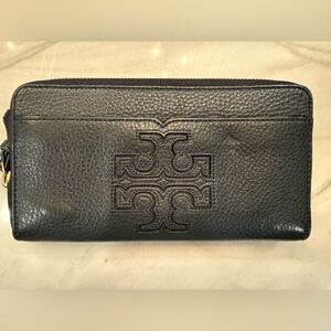 Black Leather Tory Burch Wallet with Embossed Logo